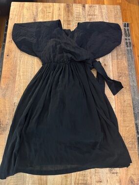 Alysi Black silk cotton blend Flutter balloon Sleeve Wrap Dress lined NWT NEW